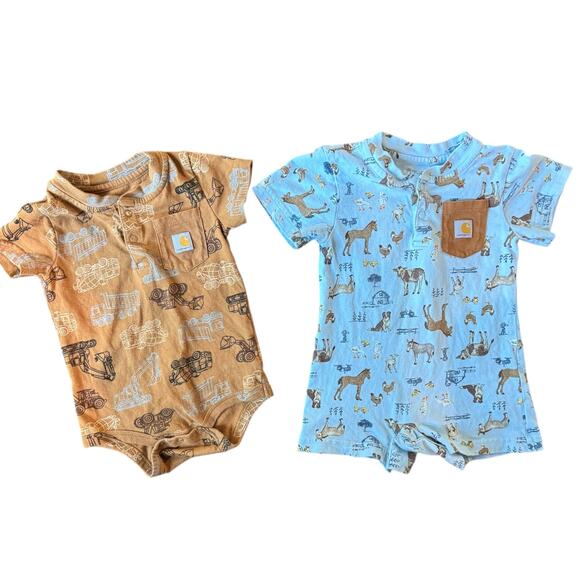 Carhartt Baby 9M Romper Bundle Tractor Farm Animal Print Short Sleeve Bodysuits - Picture 1 of 12